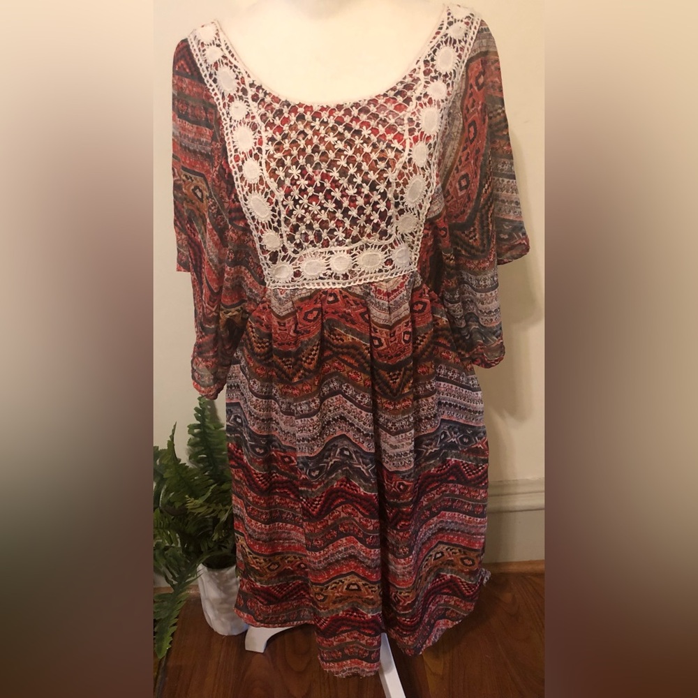 Ya Los Angeles Boho Hippie 70s Aztec Silk Tunic Top Crochet Bodice Perfect